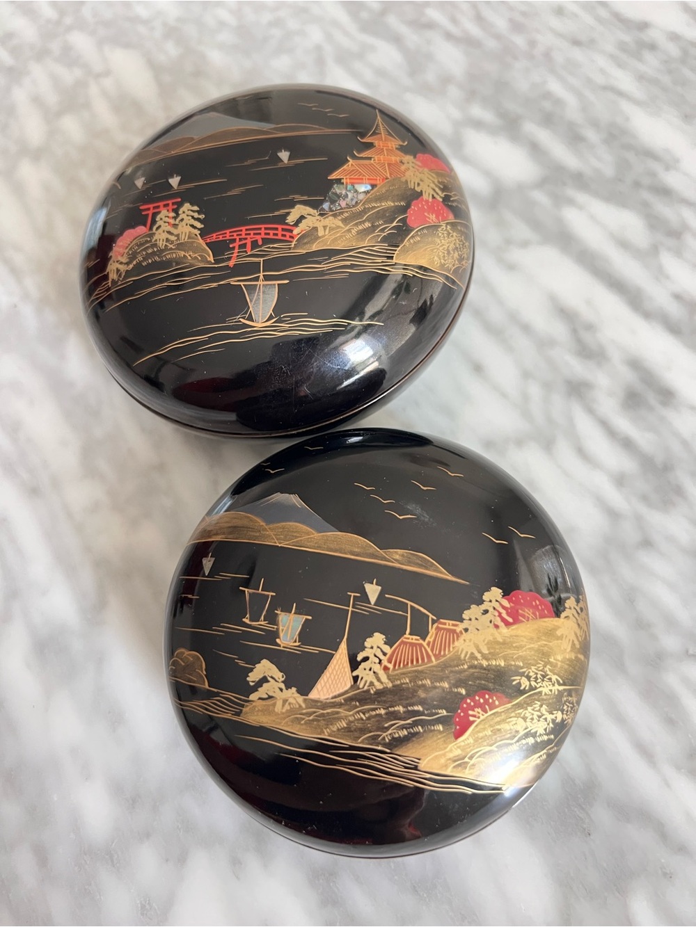 VintagePair of Black Lacquered Decorative Trinket Boxes with Gold & Red Landscap